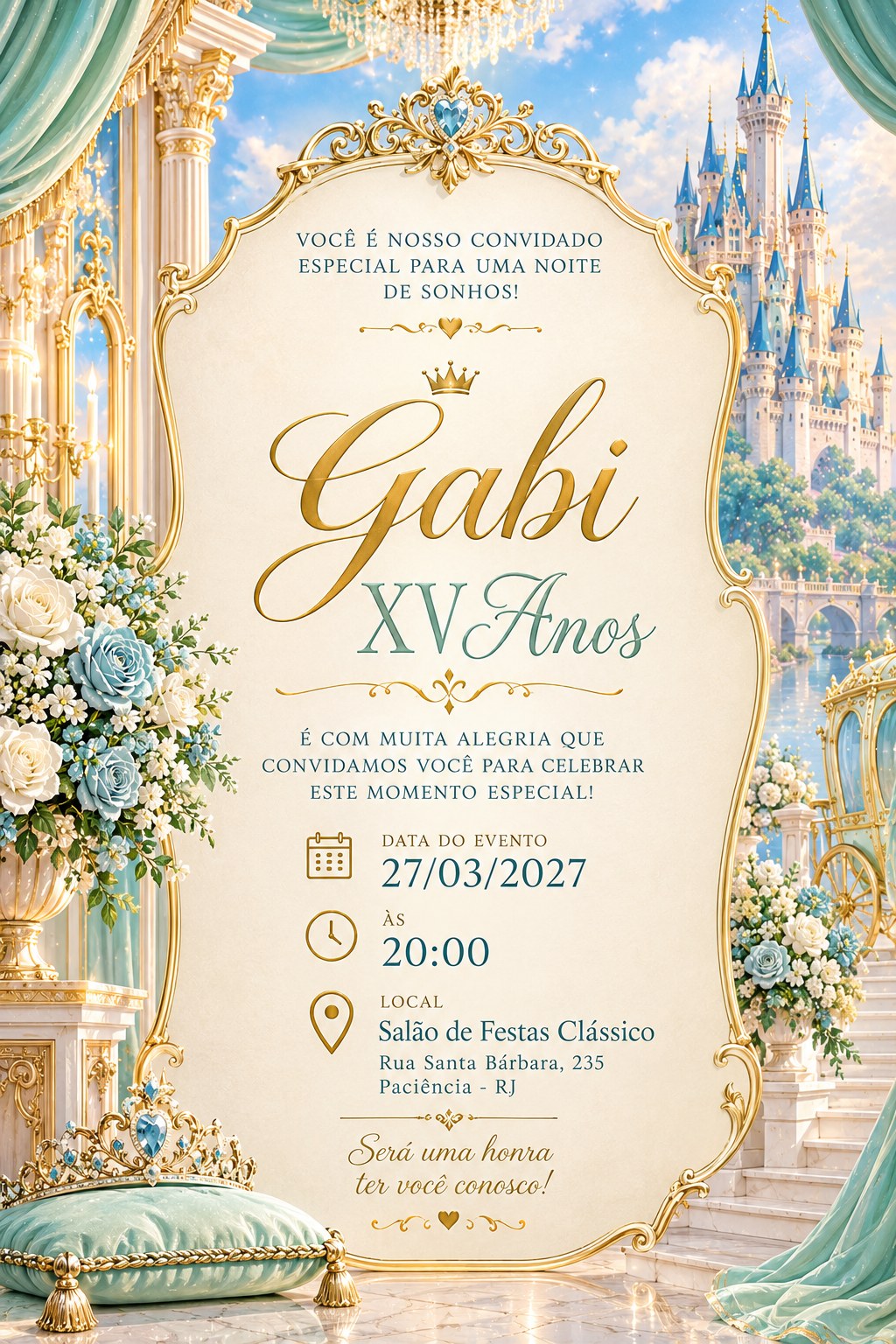 Convite de 15 anos de Gabi com data, horário e endereço
