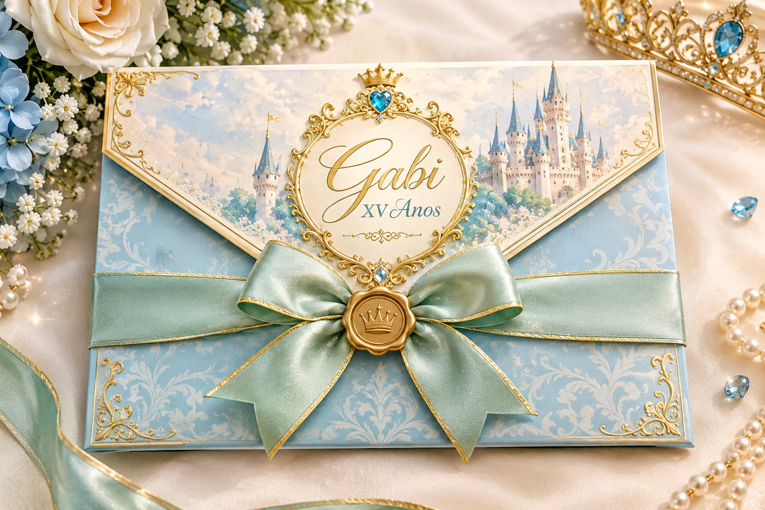 Envelope luxuoso azul-céu e verde-menta, com laço, castelo e detalhes dourados — Gabi XV Anos